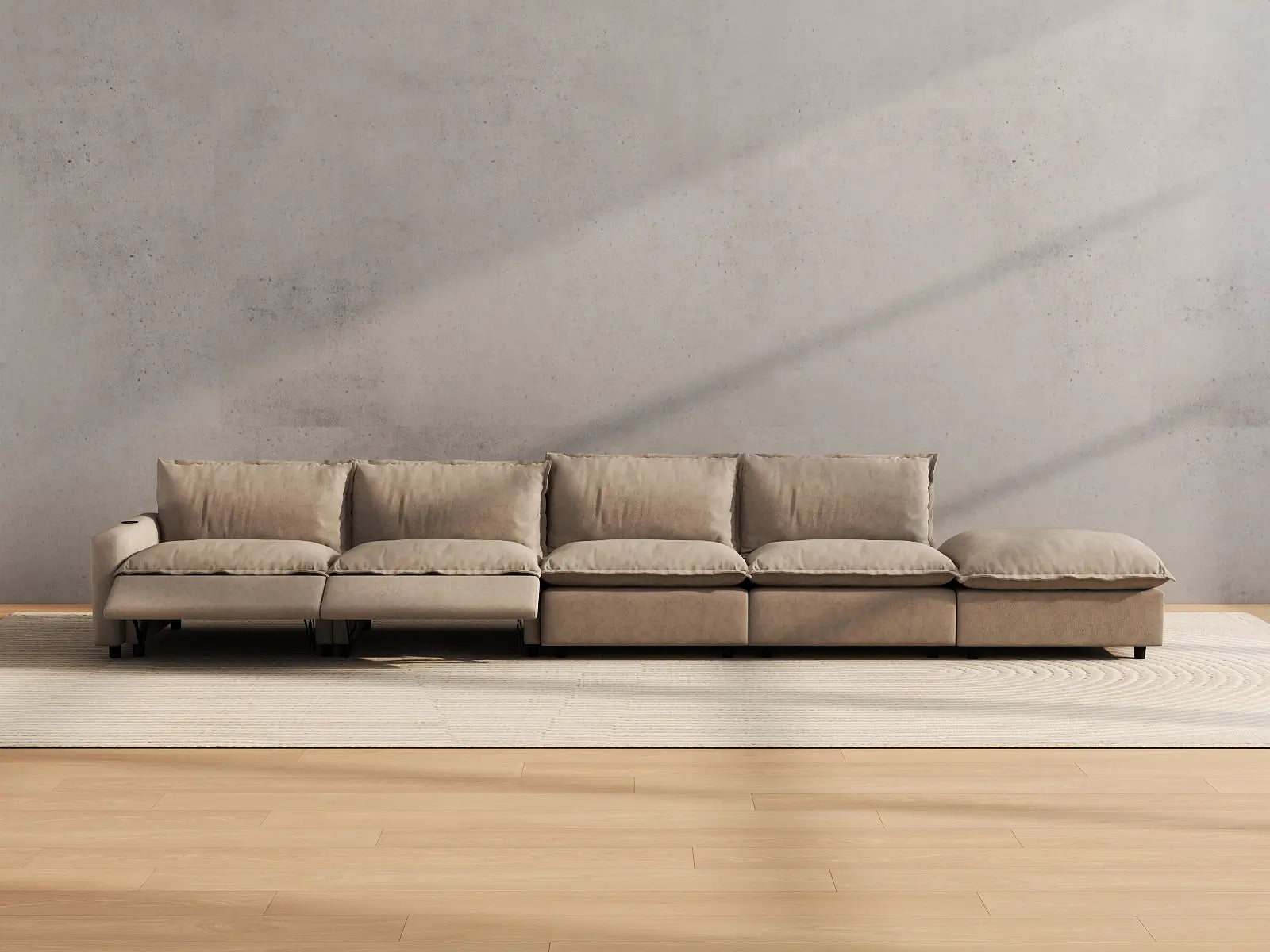 Modular Cero Reclining Sectional with Chaise | 5-Piece Khaki Linen Large Space Couch Sectionals 4-Seater with 1-Ottoman