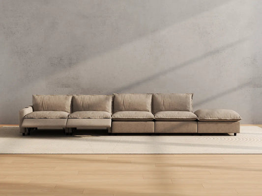 Modular Cero Reclining Sectionals | 5-Piece Khaki Linen Large Space Couch Sectionals 4-Seater with 1-Ottoman