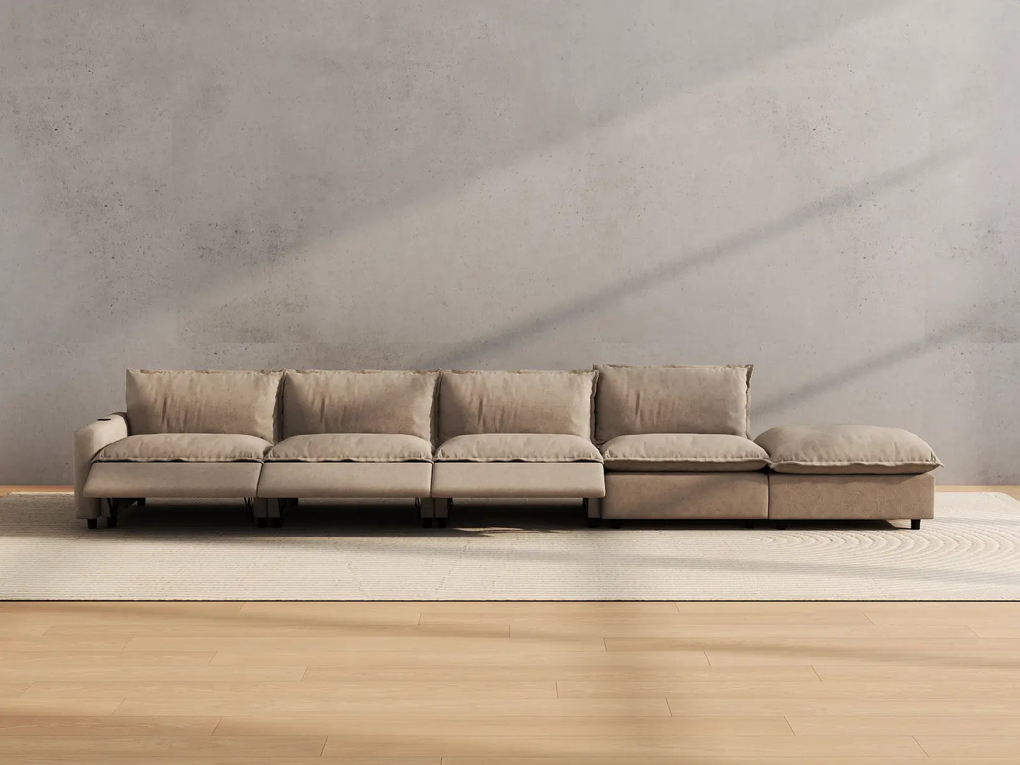 Modular Cero Reclining Sectionals | 5-Piece Khaki Linen Large Space Couch Sectionals 4-Seater with 1-Ottoman