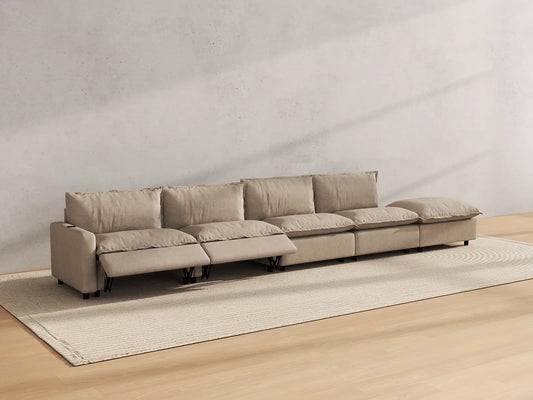 Modular Cero Reclining Sectionals | 5-Piece Khaki Linen Large Space Couch Sectionals 4-Seater with 1-Ottoman