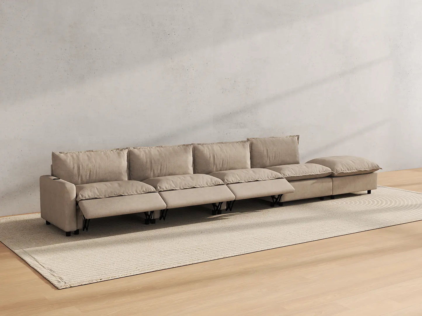 Modular Cero Reclining Sectionals | 5-Piece Khaki Linen Large Space Couch Sectionals 4-Seater with 1-Ottoman