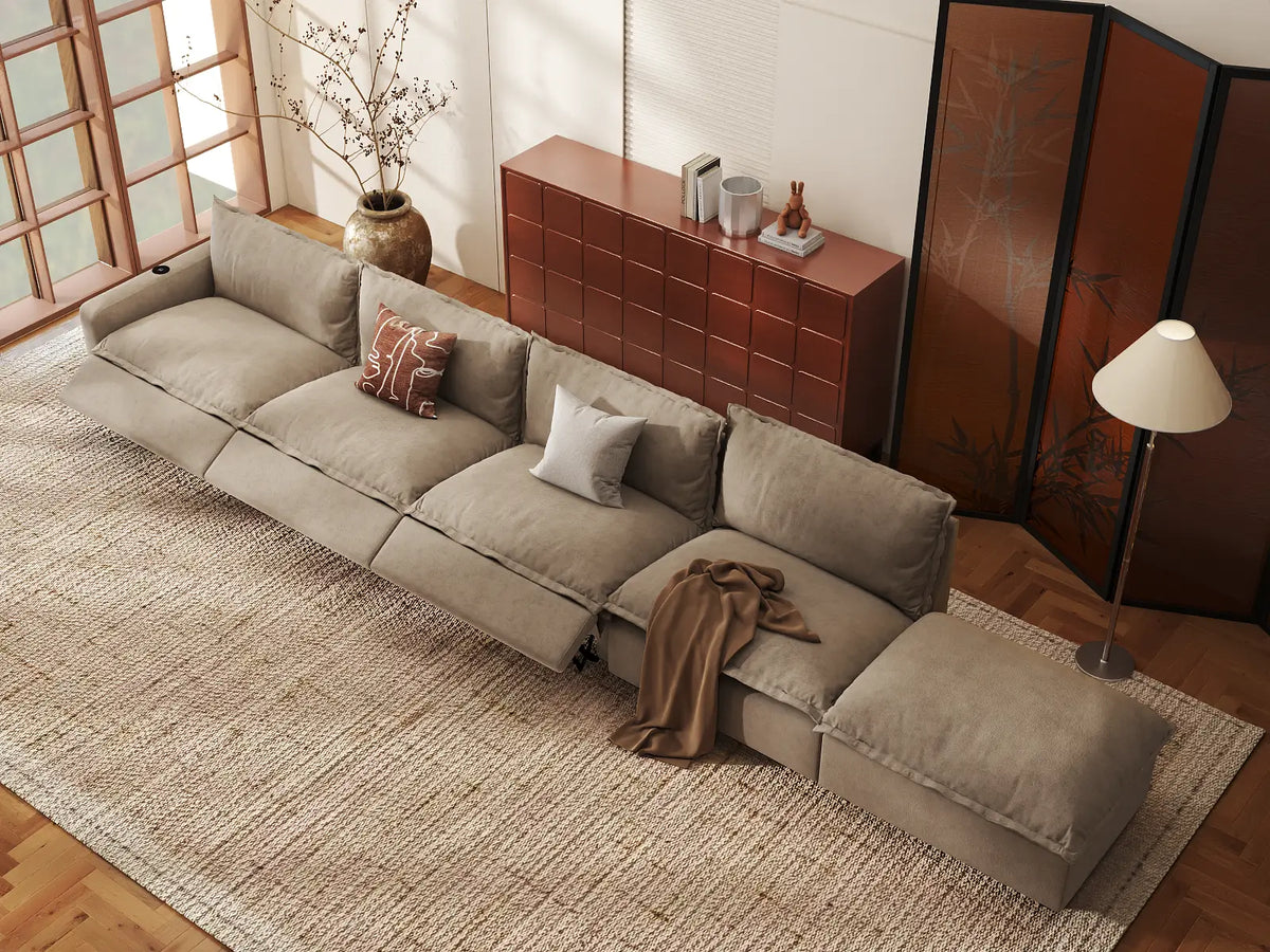 Modular Cero Reclining Sectionals | 5-Piece Khaki Linen Large Space Couch Sectionals 4-Seater with 1-Ottoman