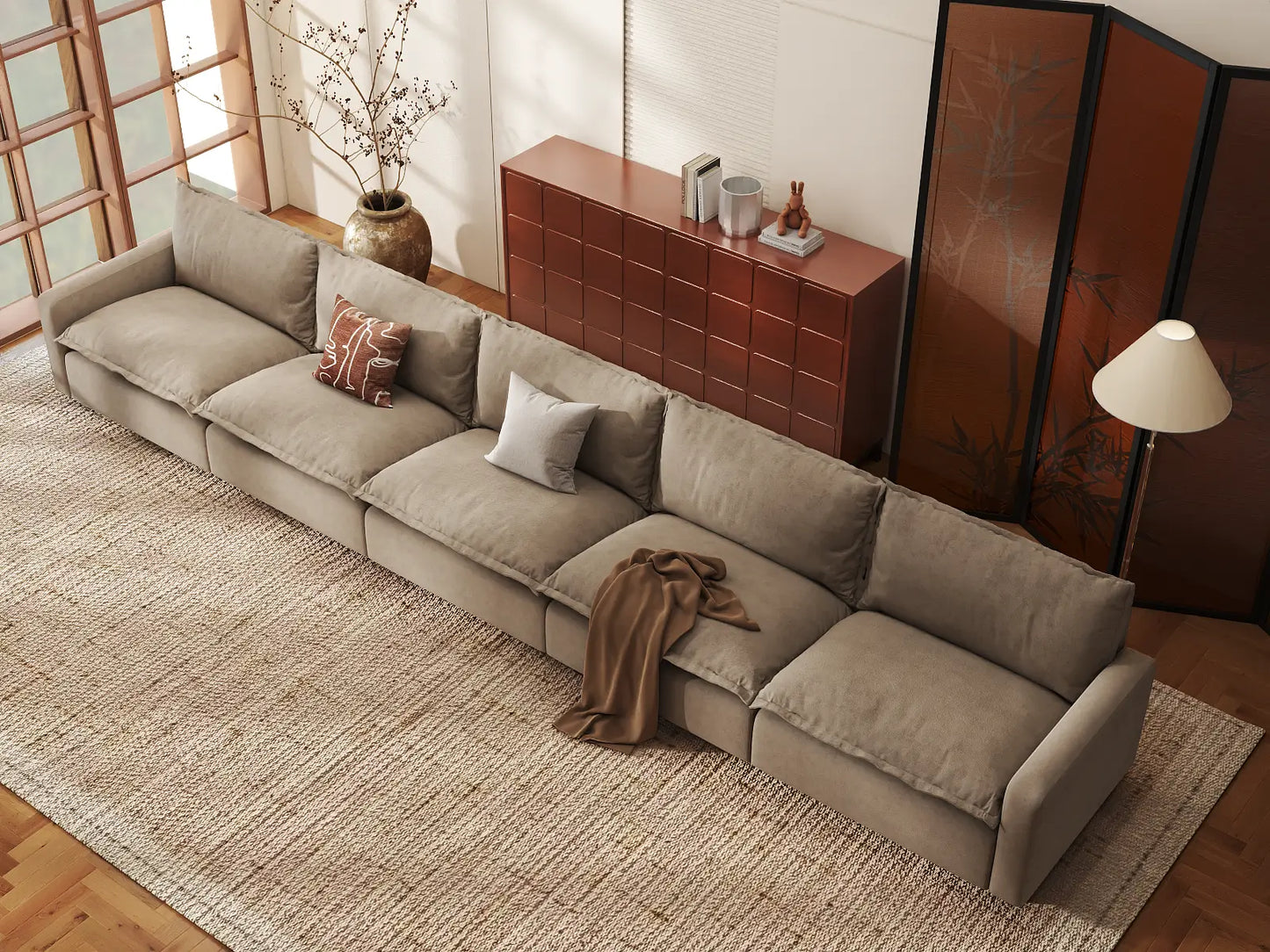 Modular Cero Modular Sectionals | 5-Piece Khaki Linen Large Space Couch Sectionals 5-Seater