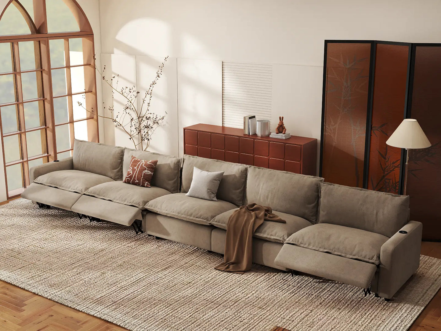 Modular Cero Sectional Recliner Couch | 5-Piece Khaki Linen Large Space Couch Sectionals 5-Seater