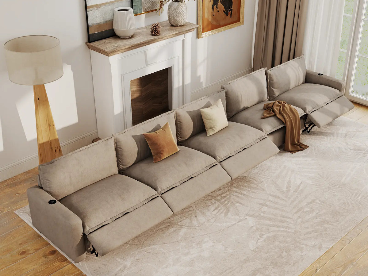 Modular Cero Reclining Sectionals | 5-Piece Khaki Linen Large Space Couch Sectionals 5-Seater