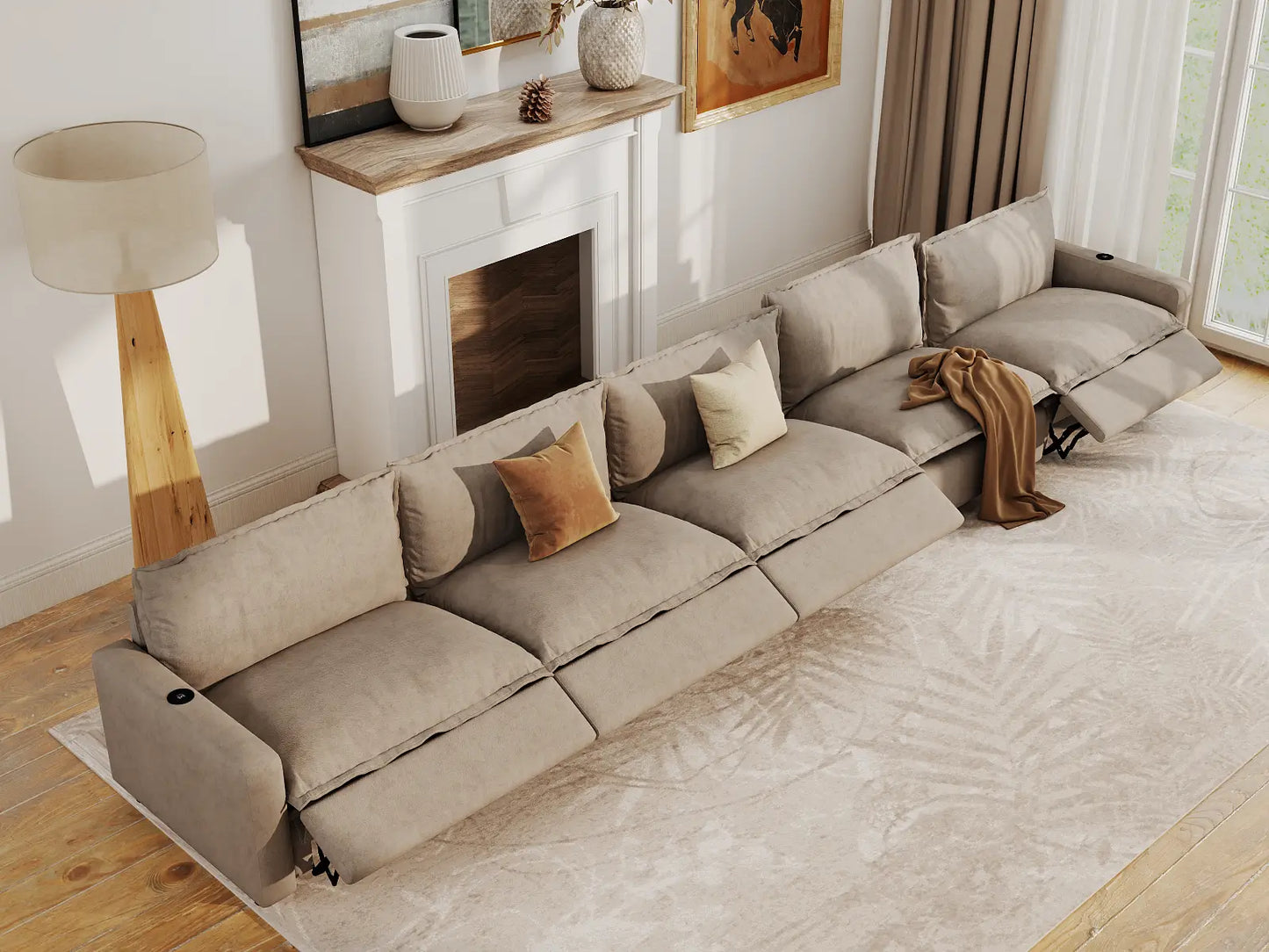 Modular Cero Reclining Sectionals | 5-Piece Khaki Linen Large Space Couch Sectionals 5-Seater