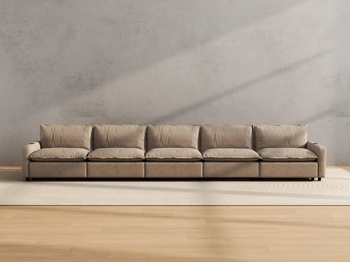 Modular Cero Reclining Sectionals | 5-Piece Khaki Linen Large Space Couch Sectionals 5-Seater