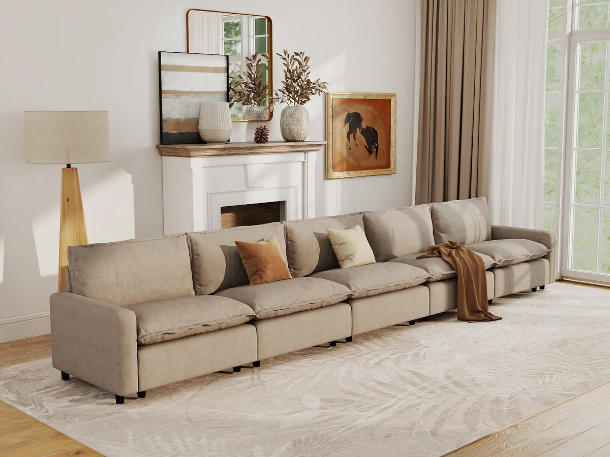 Modular Cero Modular Sectionals | 5-Piece Khaki Linen Large Space Couch Sectionals 5-Seater