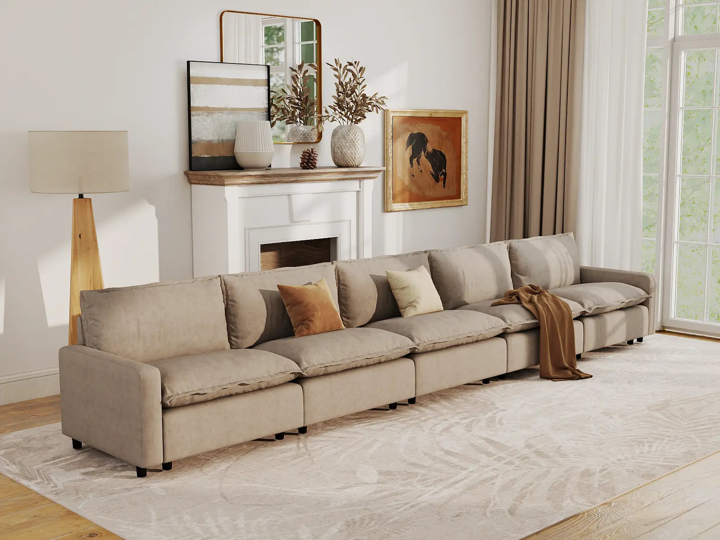 Modular Cero Modular Sectionals | 5-Piece Khaki Linen Large Space Couch Sectionals 5-Seater
