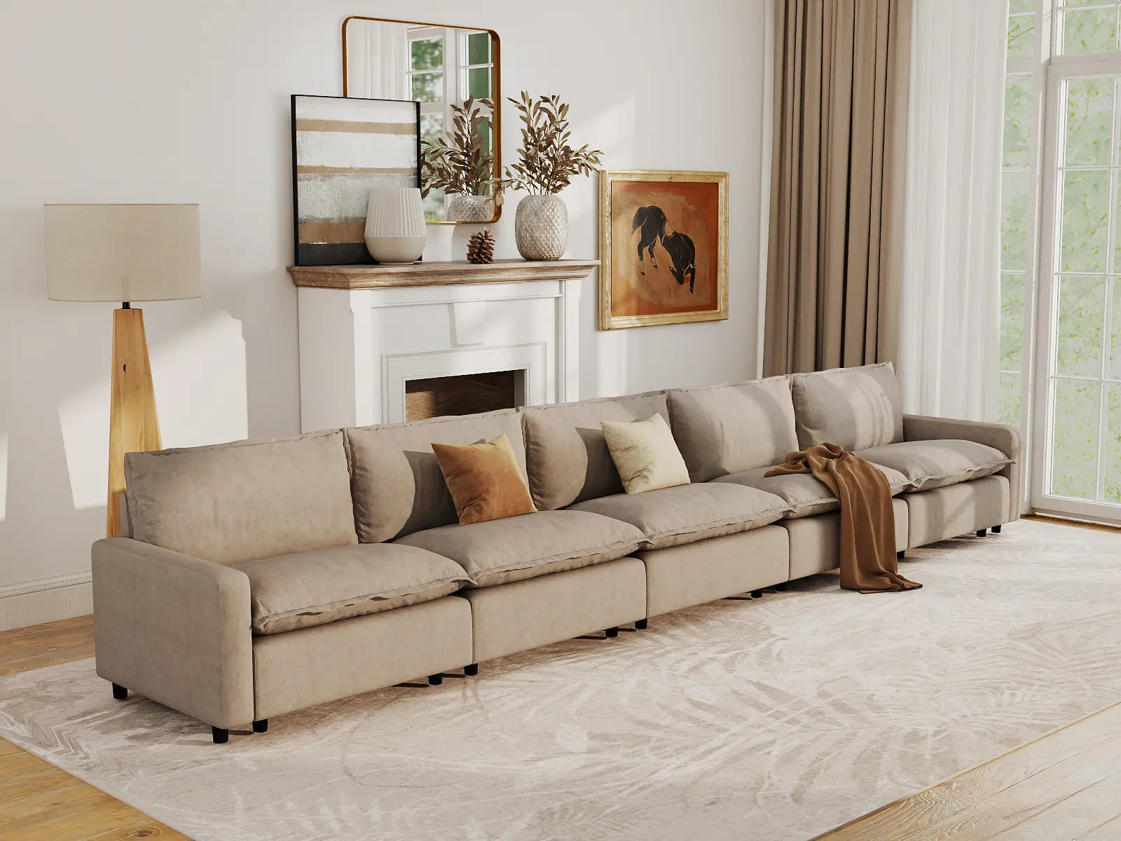 Modular Cero Modular Sectional Couch | 5-Piece Khaki Linen Large Space Couch Sectionals 5-Seater