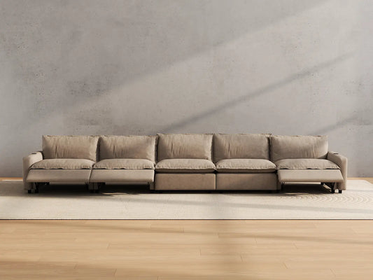 Modular Cero Reclining Sectionals | 5-Piece Khaki Linen Large Space Couch Sectionals 5-Seater