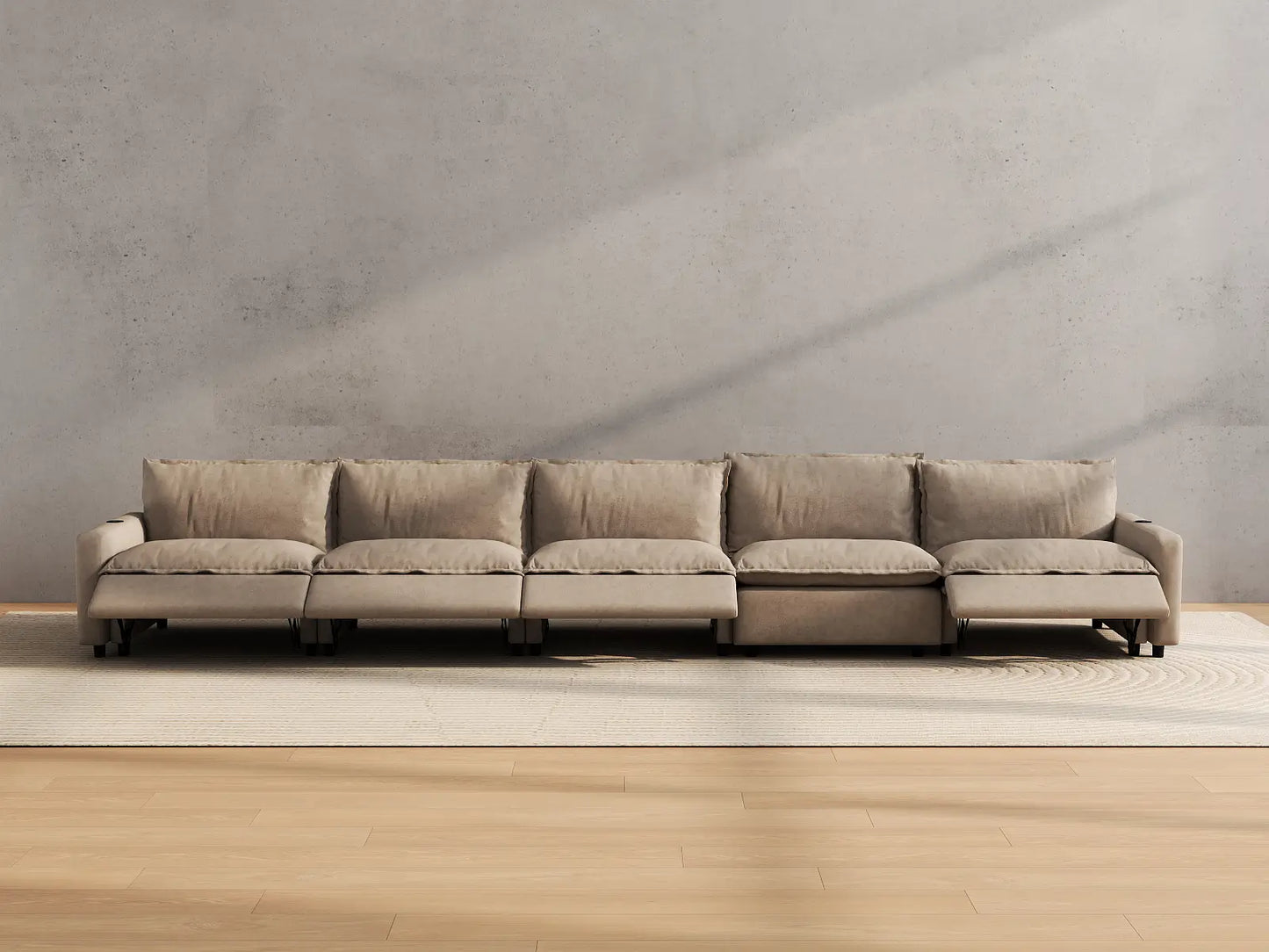 Modular Cero Reclining Sectionals | 5-Piece Khaki Linen Large Space Couch Sectionals 5-Seater