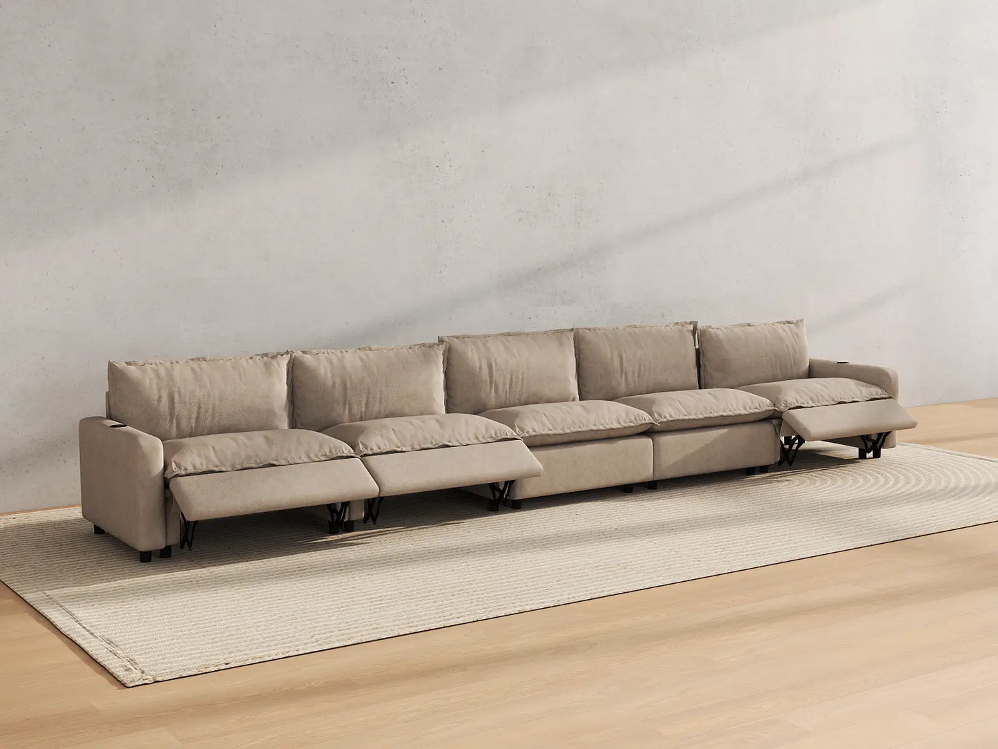Modular Cero Sectional Recliner Couch | 5-Piece Khaki Linen Large Space Couch Sectionals 5-Seater