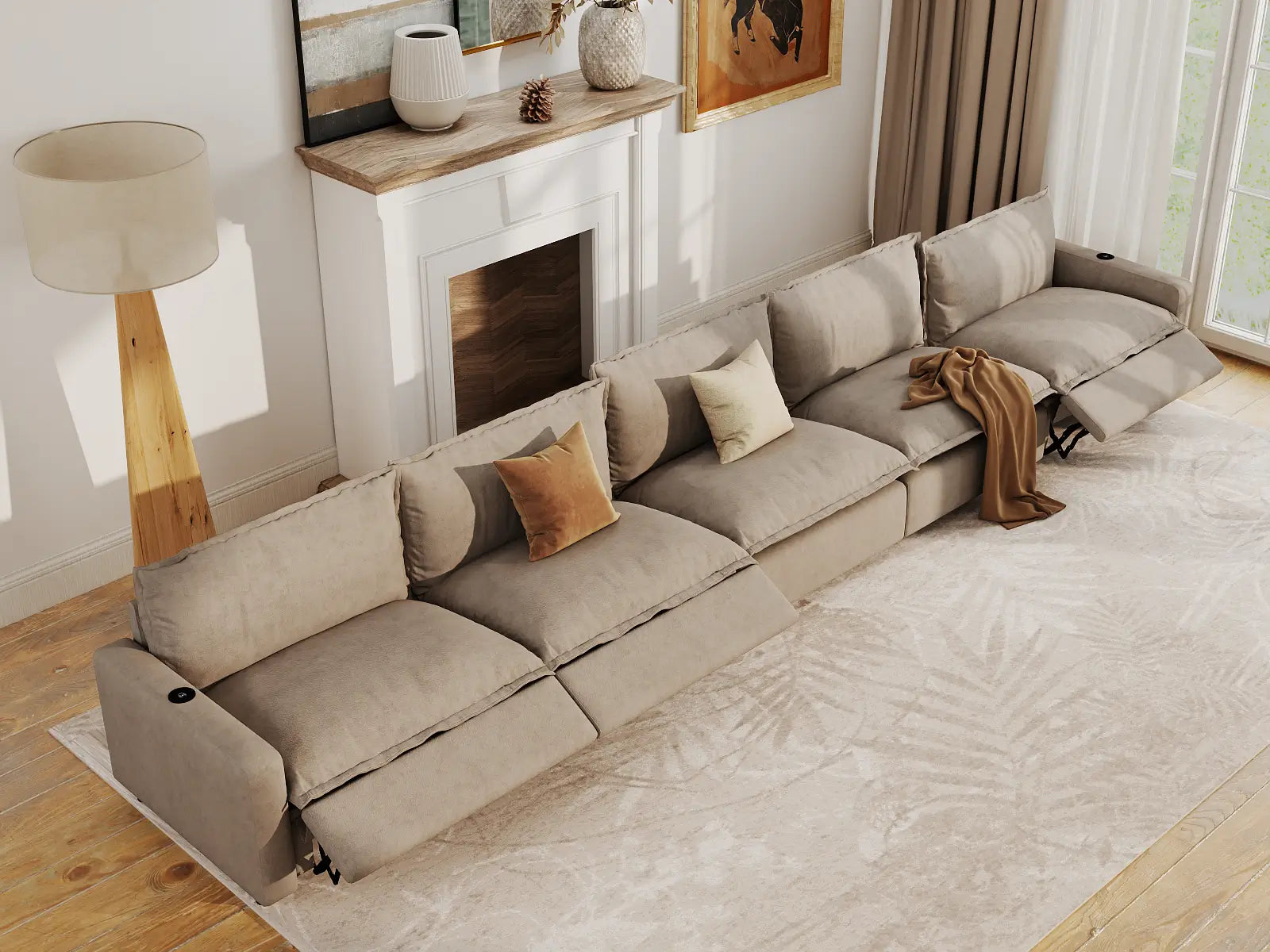Modular Cero Sectional Recliner Couch | 5-Piece Khaki Linen Large Space Couch Sectionals 5-Seater