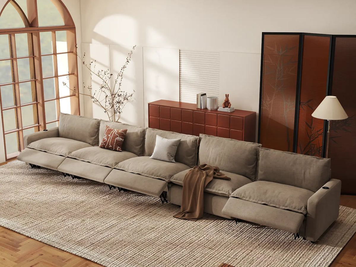 Modular Cero Reclining Sectionals | 5-Piece Khaki Linen Large Space Couch Sectionals 5-Seater
