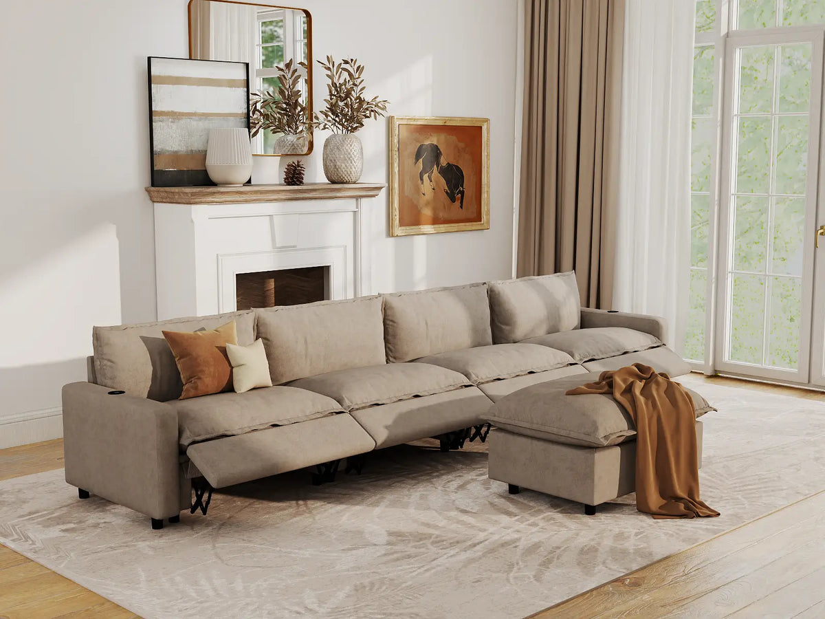 Modular Cero Reclining Sectionals | 5-Piece Khaki Linen Large Space L-Shaped Sectionals 4-Seater with 1-Ottoman