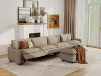 Modular Cero Reclining Sectionals | 5-Piece Khaki Linen Large Space L-Shaped Sectionals 4-Seater with 1-Ottoman