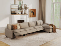 Modular Cero Sectional with Recliner and Chaise | 5-Piece Khaki Linen Large Space L-Shaped Sectionals 4-Seater with 1-Ottoman
