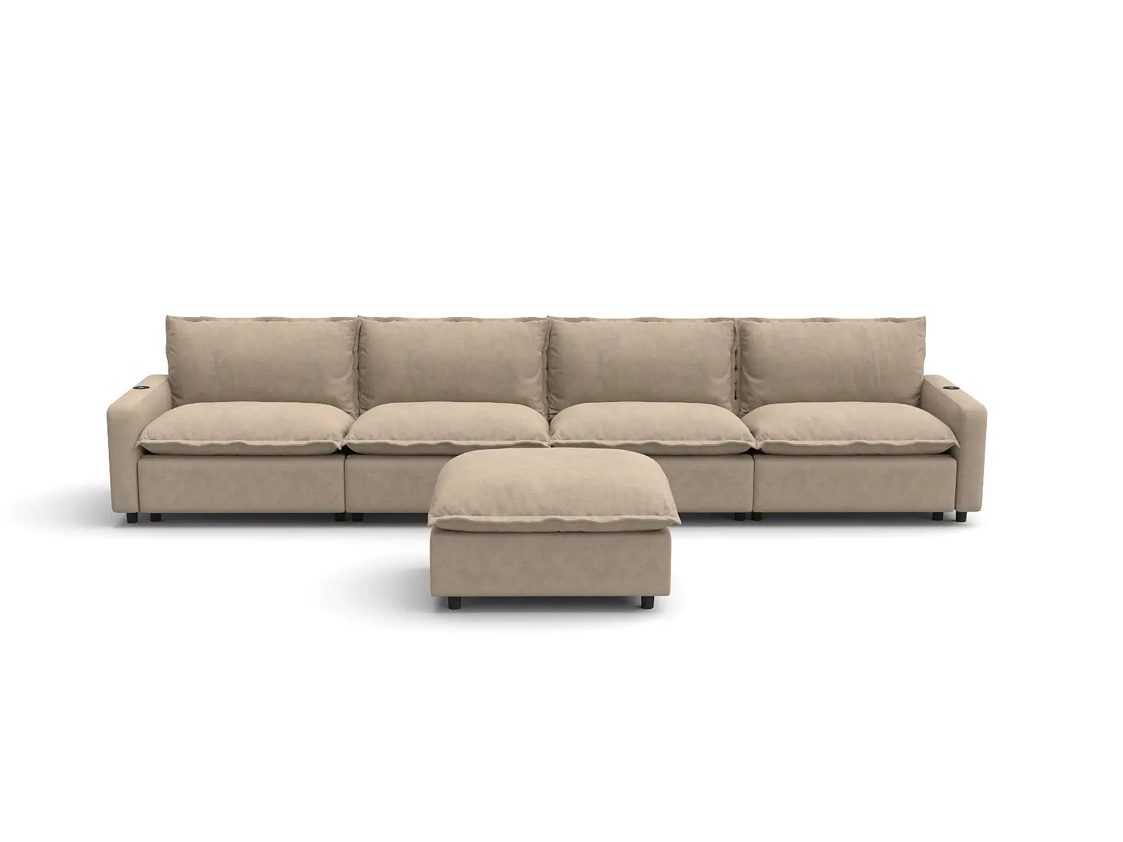 Modular Cero Recliner Sectional with Chaise | 5-Piece Khaki Linen Large Space L-Shaped Sectionals 4-Seater with 1-Ottoman
