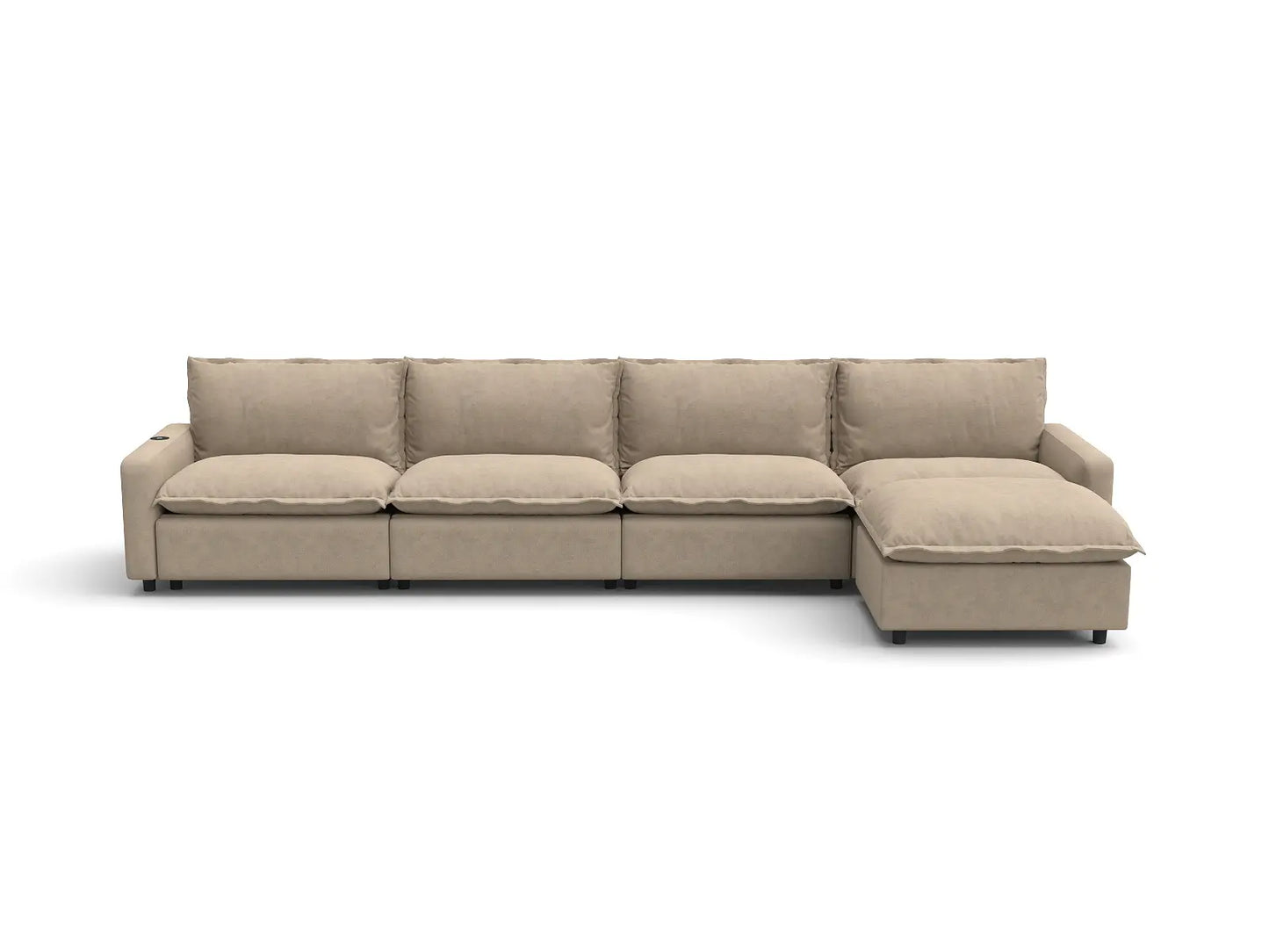 Modular Cero Sectional with Recliner and Chaise | 5-Piece Khaki Linen Large Space L-Shaped Sectionals 4-Seater with 1-Ottoman