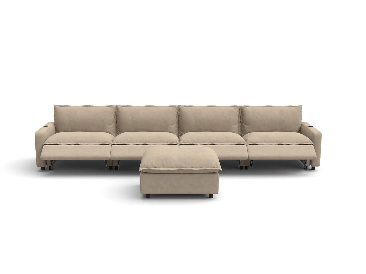 Modular Cero Reclining Sectionals | 5-Piece Khaki Linen Large Space L-Shaped Sectionals 4-Seater with 1-Ottoman
