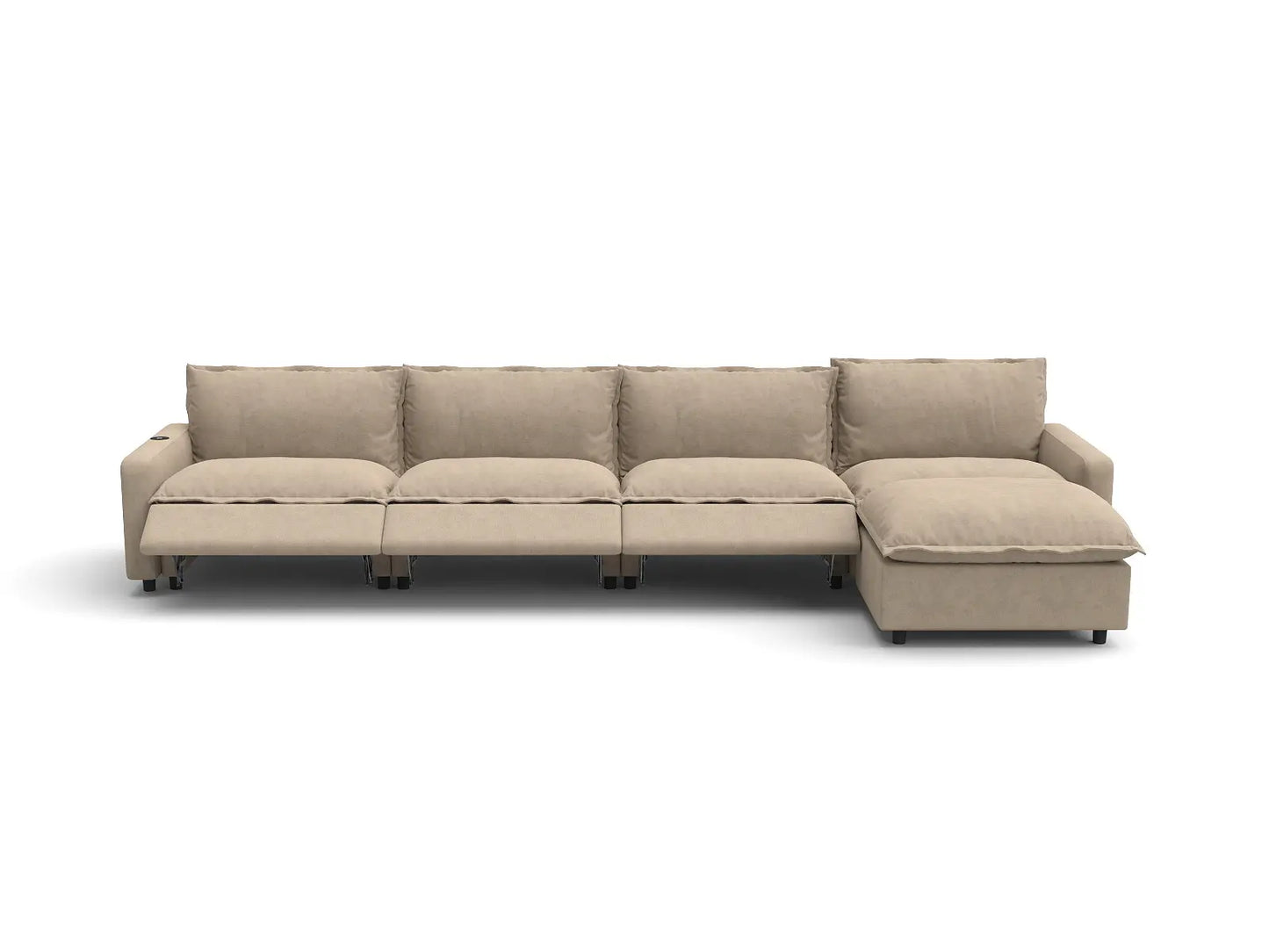 Modular Cero Sectional with Recliner and Chaise | 5-Piece Khaki Linen Large Space L-Shaped Sectionals 4-Seater with 1-Ottoman