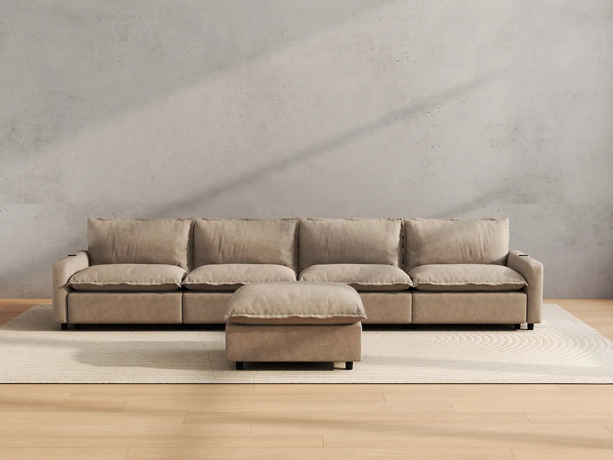 Modular Cero Reclining Sectionals | 5-Piece Khaki Linen Large Space L-Shaped Sectionals 4-Seater with 1-Ottoman