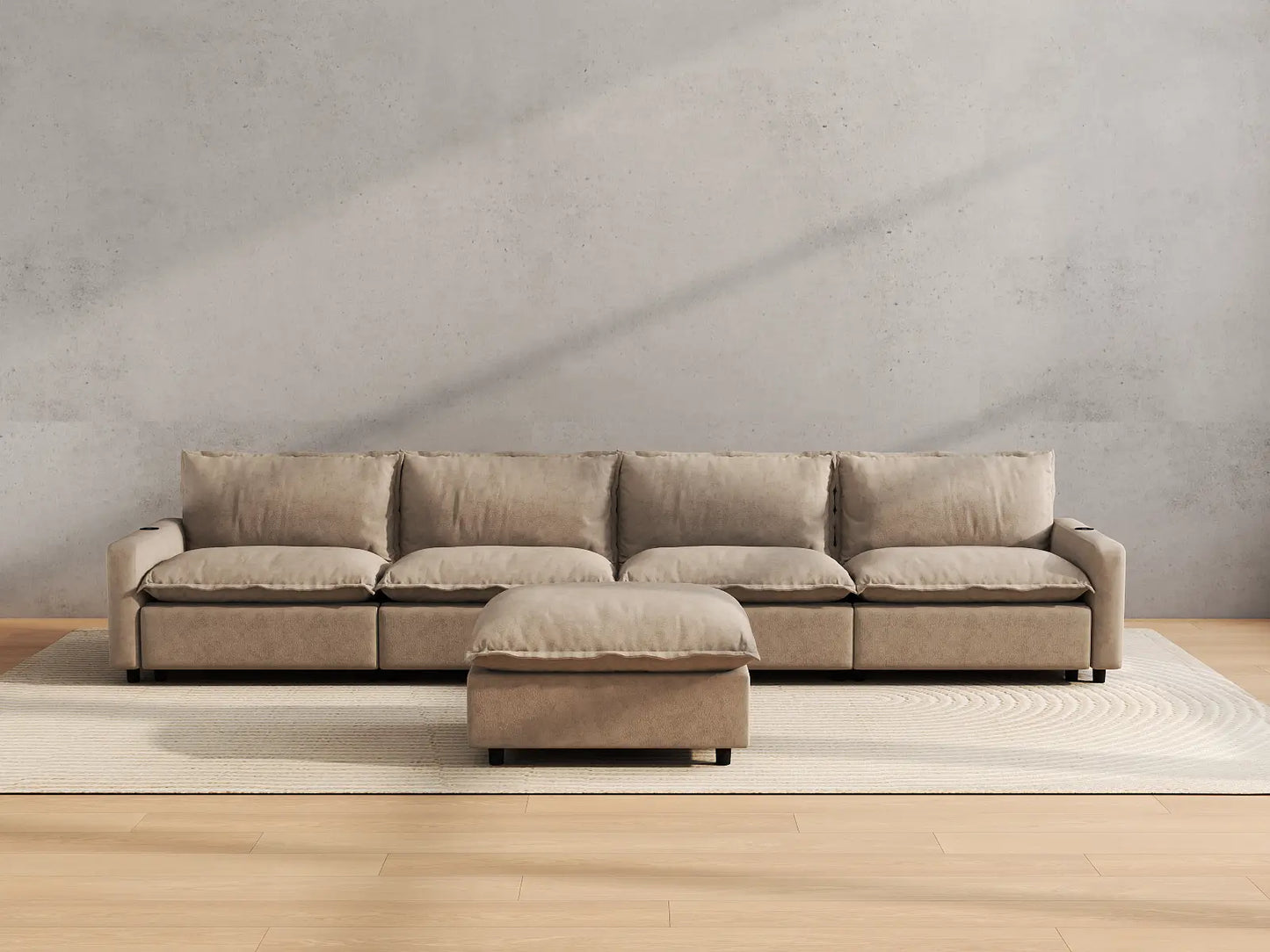 Modular Cero Reclining Sectionals | 5-Piece Khaki Linen Large Space L-Shaped Sectionals 4-Seater with 1-Ottoman