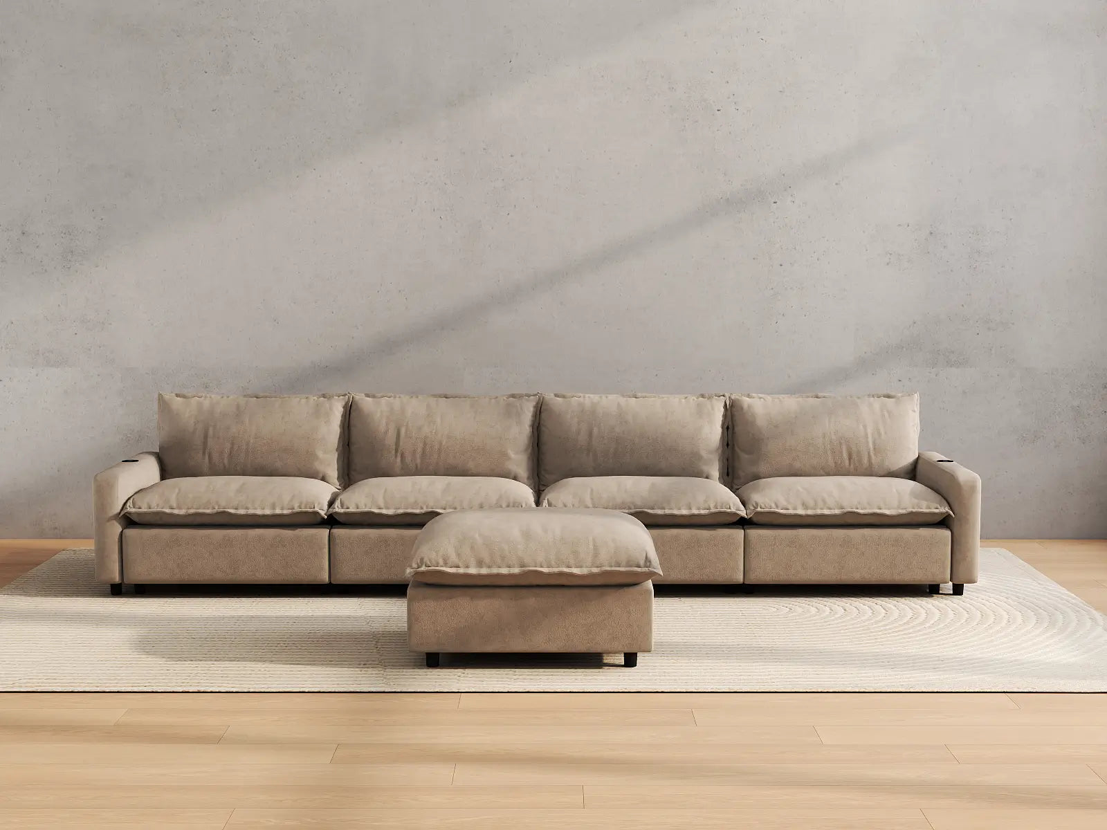 Modular Cero Recliner Sectional with Chaise | 5-Piece Khaki Linen Large Space L-Shaped Sectionals 4-Seater with 1-Ottoman