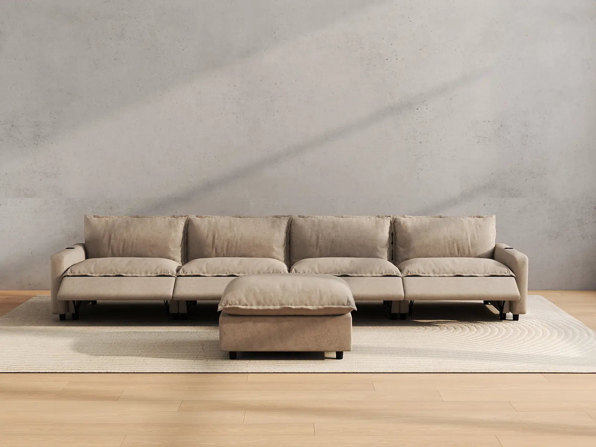 Modular Cero Reclining Sectionals | 5-Piece Khaki Linen Large Space L-Shaped Sectionals 4-Seater with 1-Ottoman