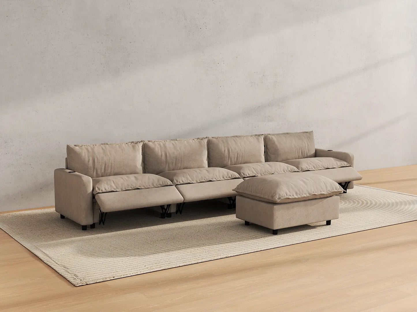Modular Cero Reclining Sectionals | 5-Piece Khaki Linen Large Space L-Shaped Sectionals 4-Seater with 1-Ottoman