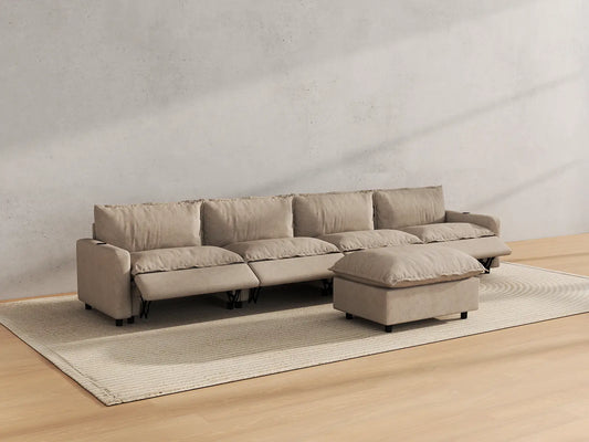 Modular Cero Reclining Sectionals | 5-Piece Khaki Linen Large Space L-Shaped Sectionals 4-Seater with 1-Ottoman
