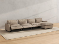 Modular Cero Sectional with Recliner and Chaise | 5-Piece Khaki Linen Large Space L-Shaped Sectionals 4-Seater with 1-Ottoman