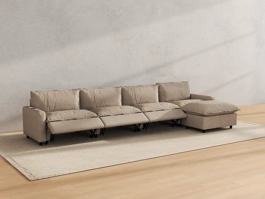 Modular Cero Reclining Sectionals | 5-Piece Khaki Linen Large Space L-Shaped Sectionals 4-Seater with 1-Ottoman