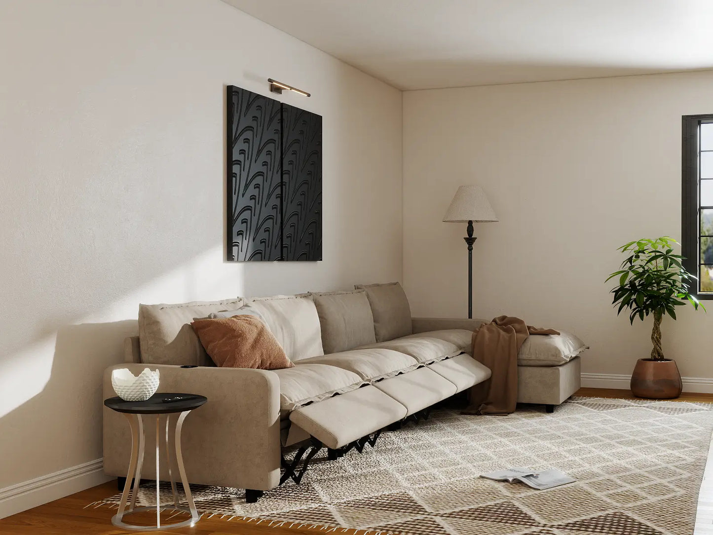 Modular Cero Sectional with Recliner and Chaise | 5-Piece Khaki Linen Large Space L-Shaped Sectionals 4-Seater with 1-Ottoman