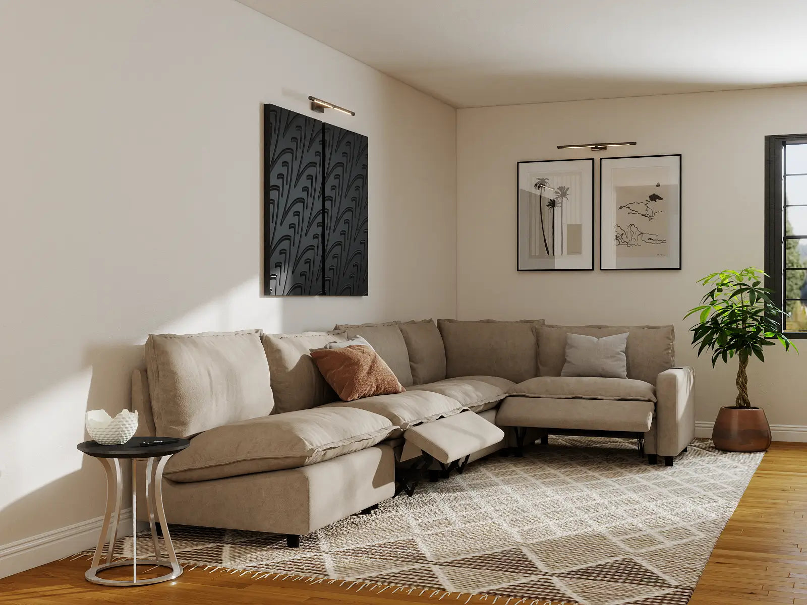 Modular Cero Large Reclining Sectional | 5-Piece Khaki Linen Large Space L-Shaped Sectionals 5-Seater
