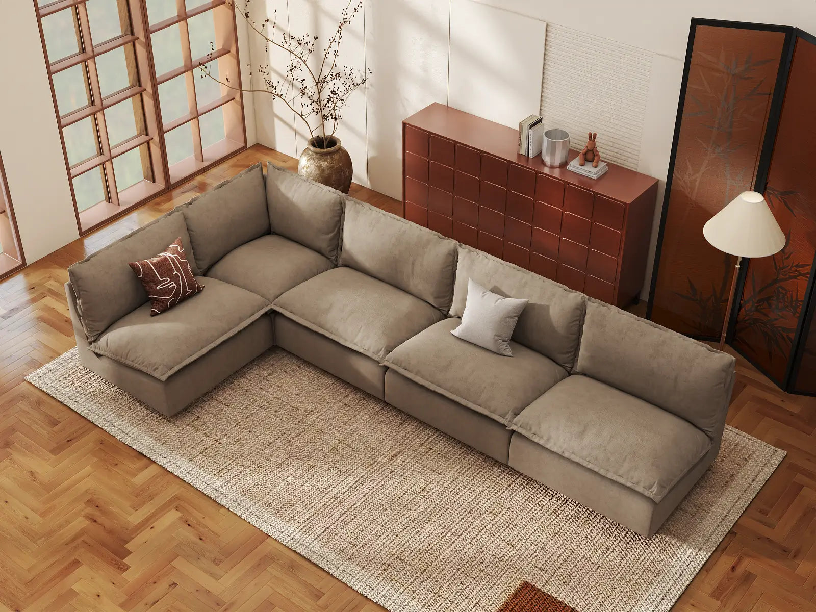 Modular Cero Large Modular Sectional | 5-Piece Khaki Linen Large Space L-Shaped Sectionals 5-Seater