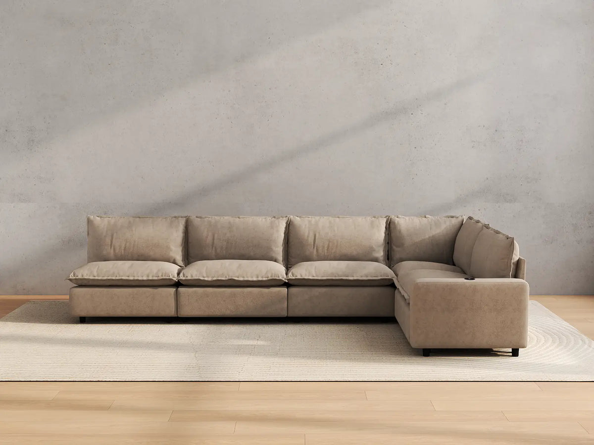 Modular Cero Reclining Sectionals | 5-Piece Khaki Linen Large Space L-Shaped Sectionals 5-Seater