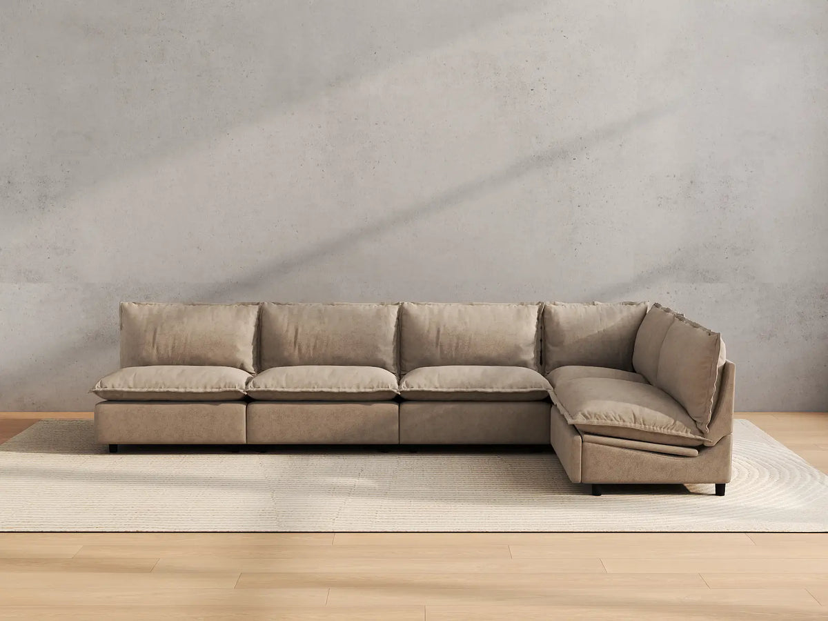 Modular Cero Reclining Sectionals | 5-Piece Khaki Linen Large Space L-Shaped Sectionals 5-Seater