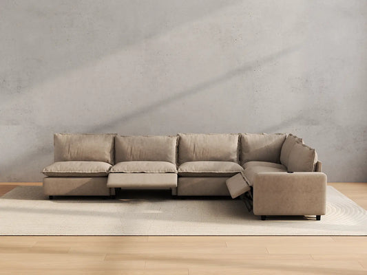 Modular Cero Reclining Sectionals | 5-Piece Khaki Linen Large Space L-Shaped Sectionals 5-Seater