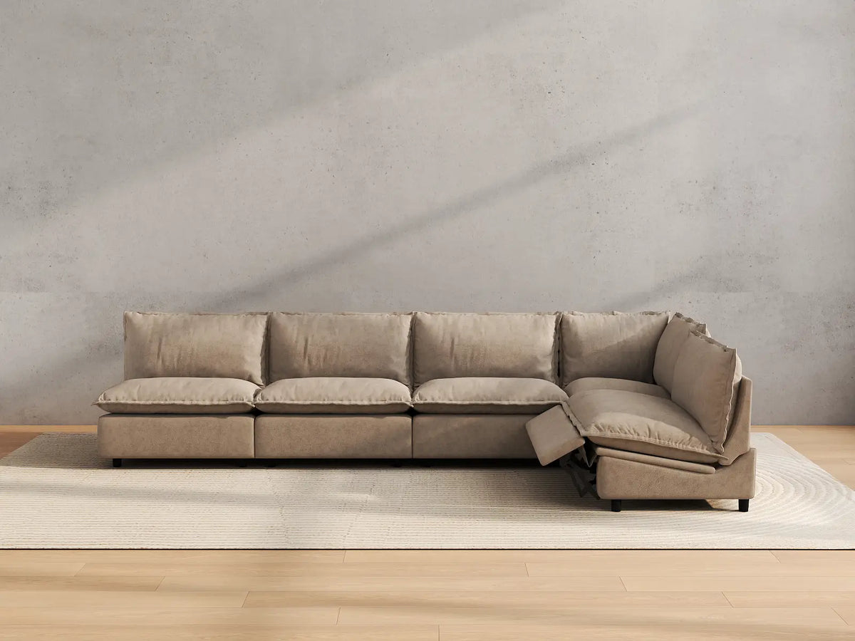 Modular Cero Reclining Sectionals | 5-Piece Khaki Linen Large Space L-Shaped Sectionals 5-Seater