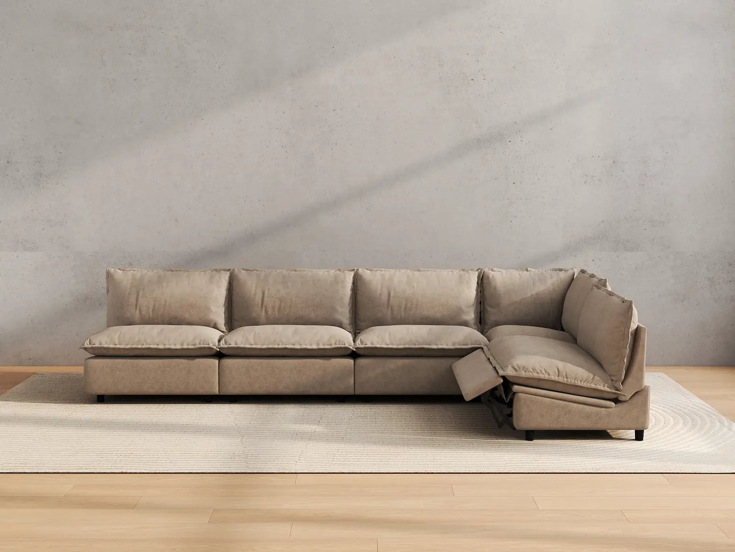 Modular Cero Reclining Sectionals | 5-Piece Khaki Linen Large Space L-Shaped Sectionals 5-Seater