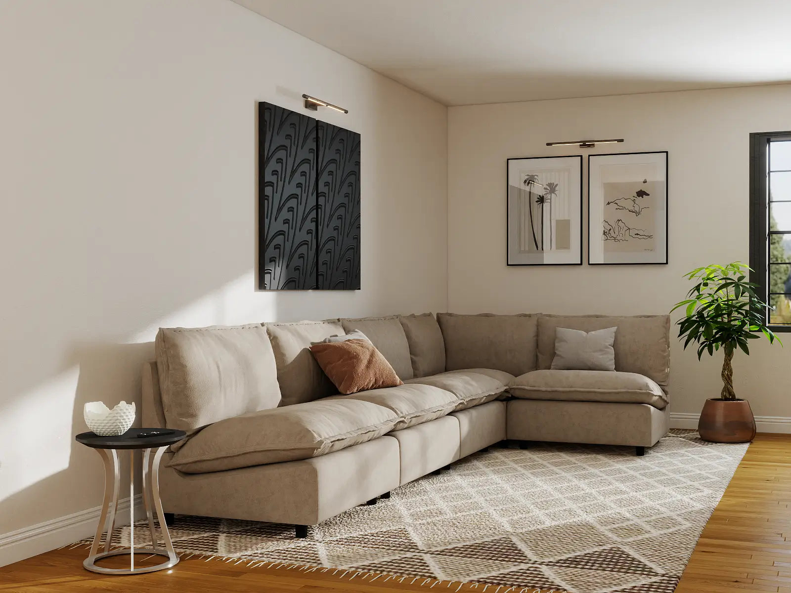 Modular Cero Large Modular Sectional | 5-Piece Khaki Linen Large Space L-Shaped Sectionals 5-Seater