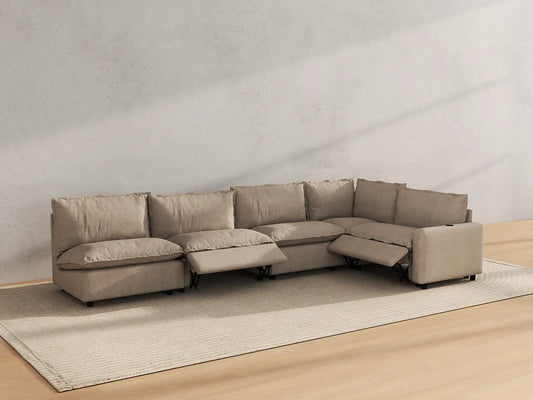 Modular Cero Reclining Sectionals | 5-Piece Khaki Linen Large Space L-Shaped Sectionals 5-Seater