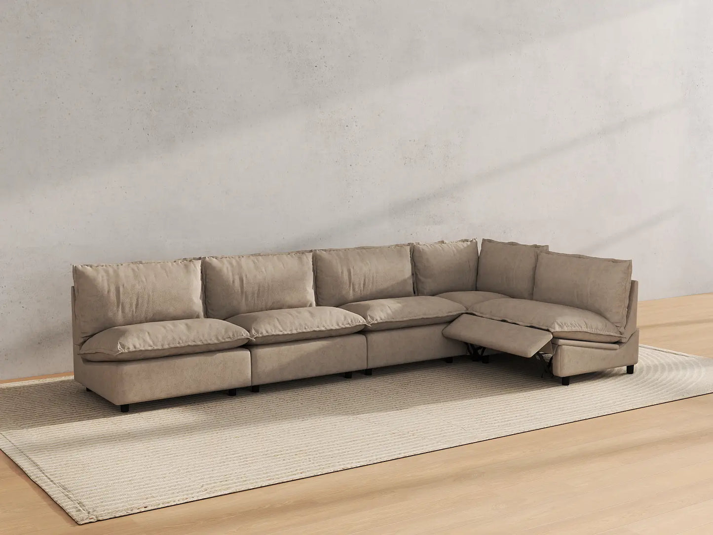 Modular Cero Reclining Sectionals | 5-Piece Khaki Linen Large Space L-Shaped Sectionals 5-Seater
