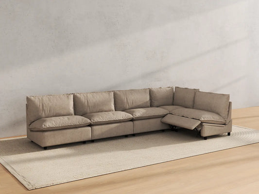 Modular Cero Reclining Sectionals | 5-Piece Khaki Linen Large Space L-Shaped Sectionals 5-Seater