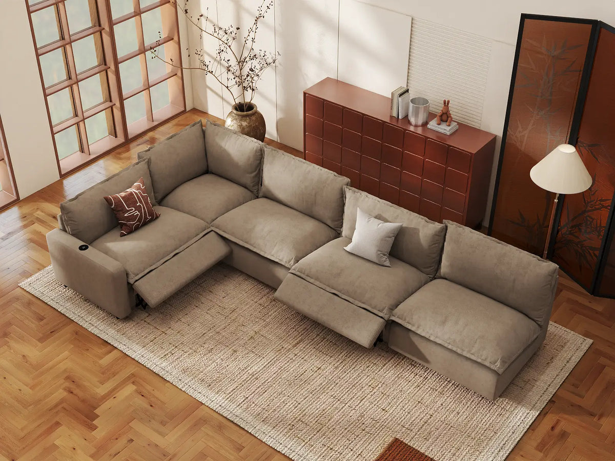 Modular Cero Reclining Sectionals | 5-Piece Khaki Linen Large Space L-Shaped Sectionals 5-Seater
