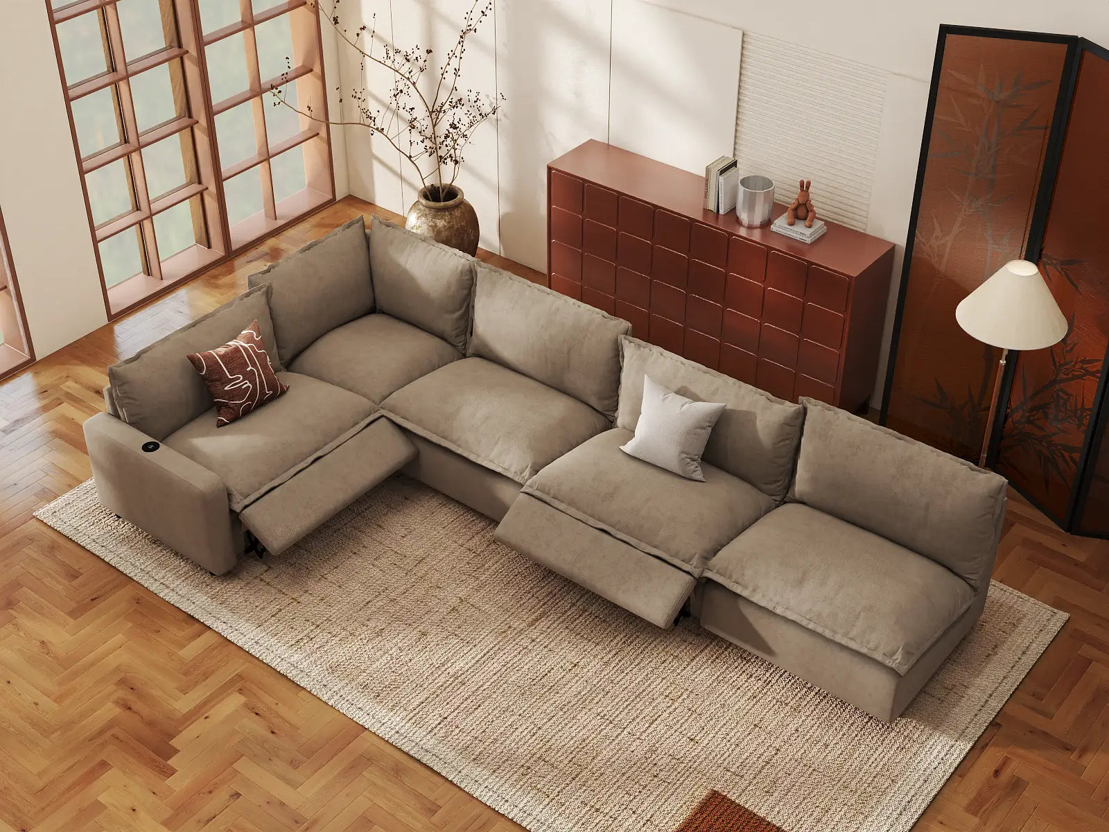 Modular Cero Large Reclining Sectional | 5-Piece Khaki Linen Large Space L-Shaped Sectionals 5-Seater