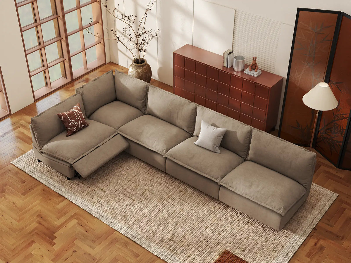Modular Cero Reclining Sectionals | 5-Piece Khaki Linen Large Space L-Shaped Sectionals 5-Seater