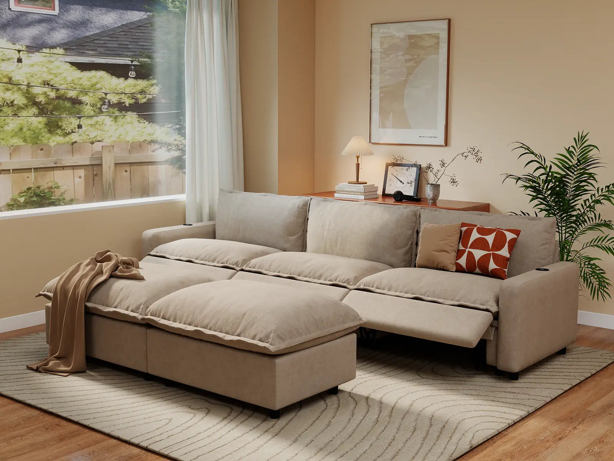 Modular Cero Reclining Sectionals | 5-Piece Khaki Linen Large Space U-Shaped Sectionals 3-Seater with 2-Ottomans